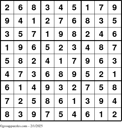 The grouppuzzles.com Answer grid for the Sudoku puzzle for Saturday February 1, 2025