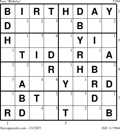 The grouppuzzles.com Easy Birthday puzzle for Saturday February 1, 2025 with all 4 steps marked