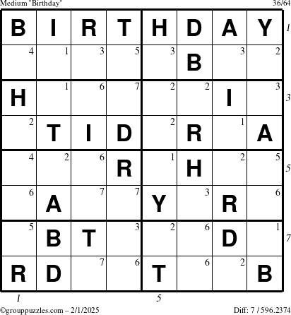 The grouppuzzles.com Medium Birthday puzzle for Saturday February 1, 2025 with all 7 steps marked