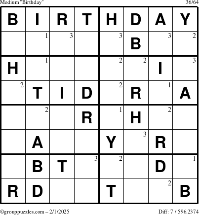 The grouppuzzles.com Medium Birthday puzzle for Saturday February 1, 2025 with the first 3 steps marked