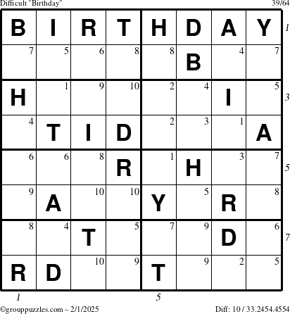 The grouppuzzles.com Difficult Birthday puzzle for Saturday February 1, 2025, suitable for printing, with all 10 steps marked