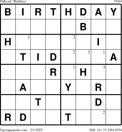 The grouppuzzles.com Difficult Birthday puzzle for Saturday February 1, 2025 with the first 3 steps marked