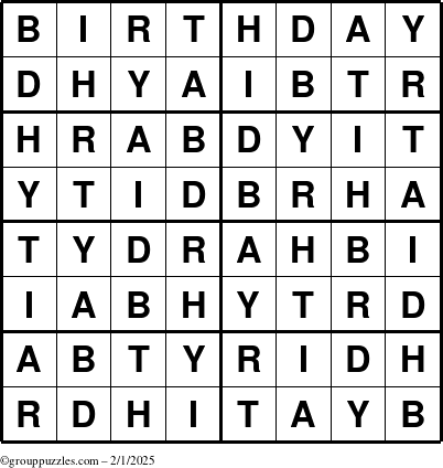 The grouppuzzles.com Answer grid for the Birthday puzzle for Saturday February 1, 2025