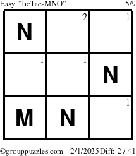 The grouppuzzles.com Easy TicTac-MNO puzzle for Saturday February 1, 2025 with the first 2 steps marked