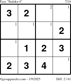 The grouppuzzles.com Easy Sudoku-4 puzzle for Thursday January 9, 2025 with the first 2 steps marked