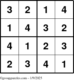 The grouppuzzles.com Answer grid for the Sudoku-4 puzzle for Thursday January 9, 2025