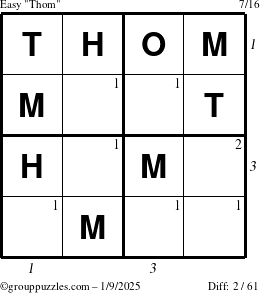 The grouppuzzles.com Easy Thom puzzle for Thursday January 9, 2025 with all 2 steps marked