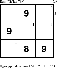 The grouppuzzles.com Easy TicTac-789 puzzle for Thursday January 9, 2025 with all 2 steps marked