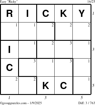 The grouppuzzles.com Easy Ricky puzzle for Thursday January 9, 2025 with all 3 steps marked