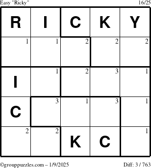 The grouppuzzles.com Easy Ricky puzzle for Thursday January 9, 2025 with the first 3 steps marked