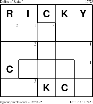 The grouppuzzles.com Difficult Ricky puzzle for Thursday January 9, 2025 with the first 3 steps marked