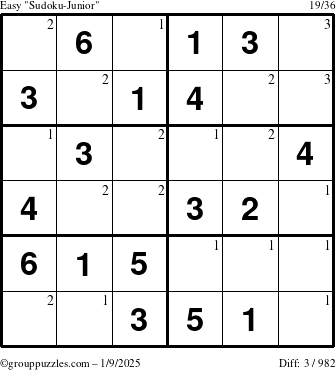 The grouppuzzles.com Easy Sudoku-Junior puzzle for Thursday January 9, 2025 with the first 3 steps marked