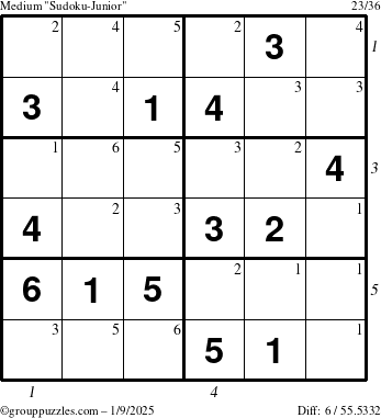 The grouppuzzles.com Medium Sudoku-Junior puzzle for Thursday January 9, 2025 with all 6 steps marked