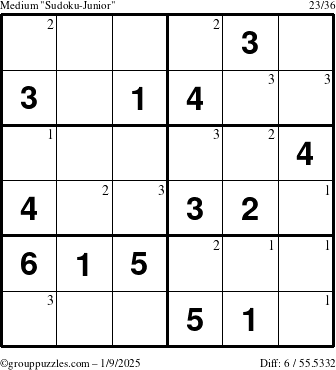 The grouppuzzles.com Medium Sudoku-Junior puzzle for Thursday January 9, 2025 with the first 3 steps marked