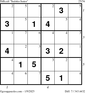 The grouppuzzles.com Difficult Sudoku-Junior puzzle for Thursday January 9, 2025 with all 7 steps marked