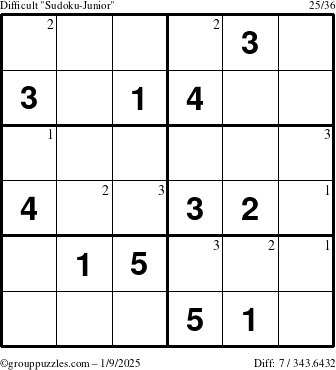 The grouppuzzles.com Difficult Sudoku-Junior puzzle for Thursday January 9, 2025 with the first 3 steps marked