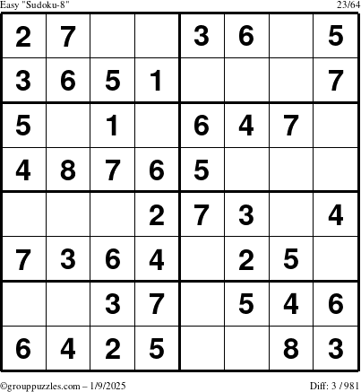 The grouppuzzles.com Easy Sudoku-8 puzzle for Thursday January 9, 2025