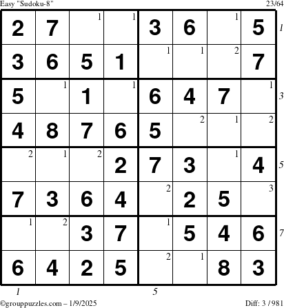 The grouppuzzles.com Easy Sudoku-8 puzzle for Thursday January 9, 2025 with all 3 steps marked