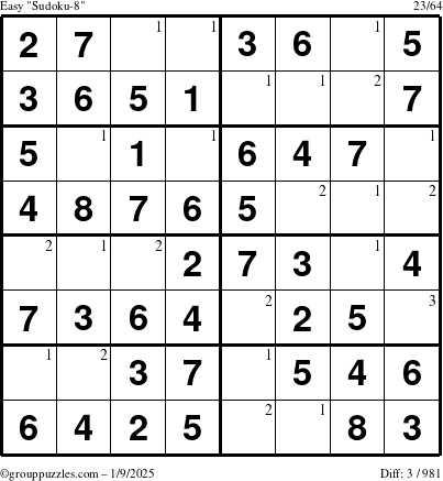 The grouppuzzles.com Easy Sudoku-8 puzzle for Thursday January 9, 2025 with the first 3 steps marked