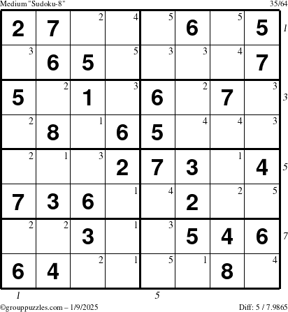 The grouppuzzles.com Medium Sudoku-8 puzzle for Thursday January 9, 2025 with all 5 steps marked