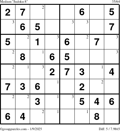 The grouppuzzles.com Medium Sudoku-8 puzzle for Thursday January 9, 2025 with the first 3 steps marked