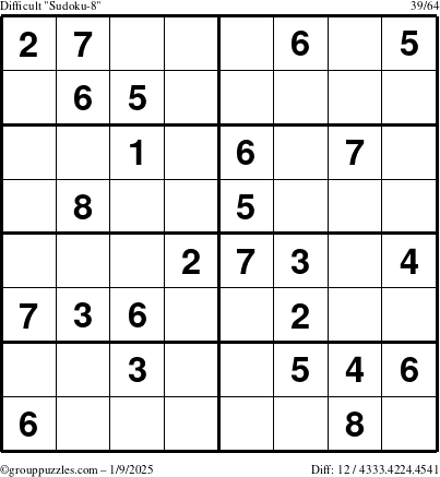 The grouppuzzles.com Difficult Sudoku-8 puzzle for Thursday January 9, 2025