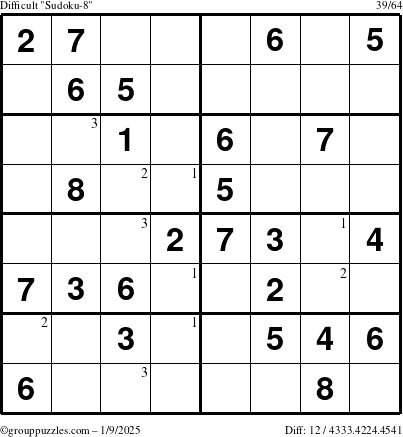 The grouppuzzles.com Difficult Sudoku-8 puzzle for Thursday January 9, 2025 with the first 3 steps marked