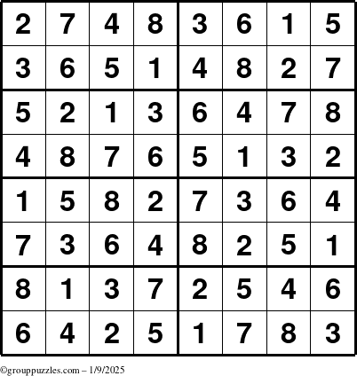 The grouppuzzles.com Answer grid for the Sudoku-8 puzzle for Thursday January 9, 2025