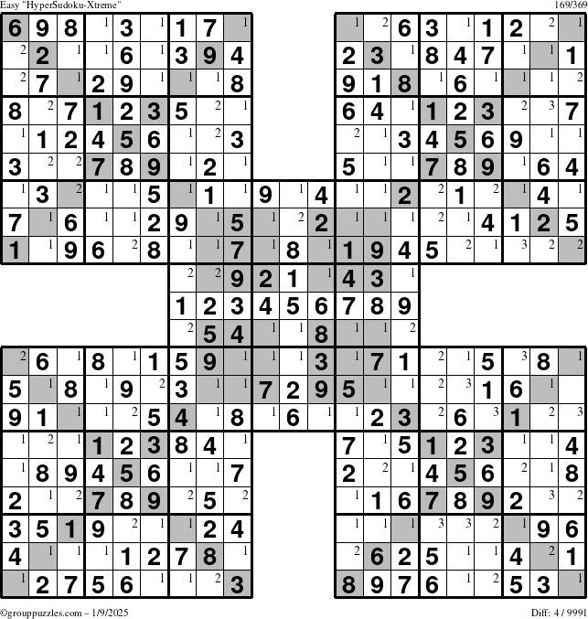 The grouppuzzles.com Easy cover-HyperXtreme puzzle for Thursday January 9, 2025 with the first 3 steps marked