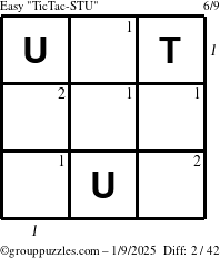 The grouppuzzles.com Easy TicTac-STU puzzle for Thursday January 9, 2025 with all 2 steps marked