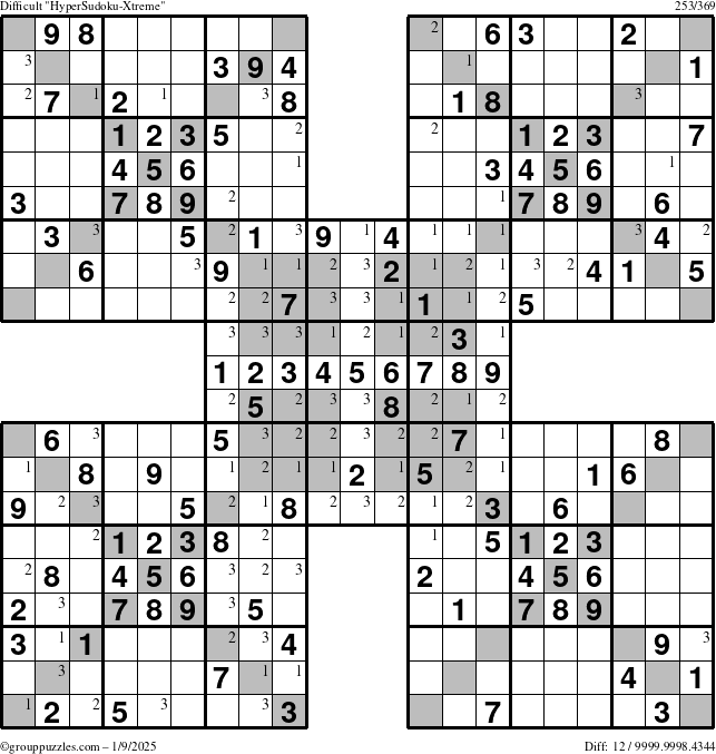 The grouppuzzles.com Difficult cover-HyperXtreme puzzle for Thursday January 9, 2025 with the first 3 steps marked