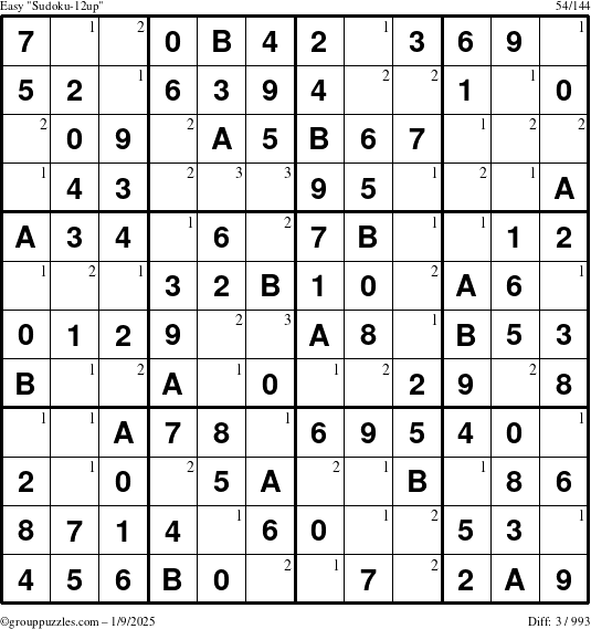 The grouppuzzles.com Easy Sudoku-12up puzzle for Thursday January 9, 2025 with the first 3 steps marked