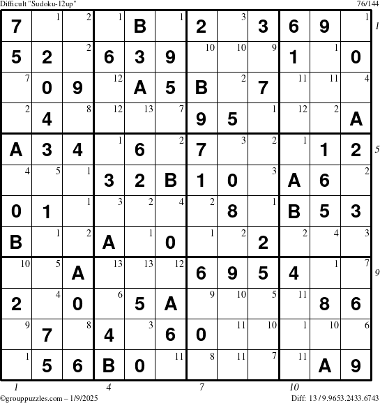 The grouppuzzles.com Difficult Sudoku-12up puzzle for Thursday January 9, 2025 with all 13 steps marked