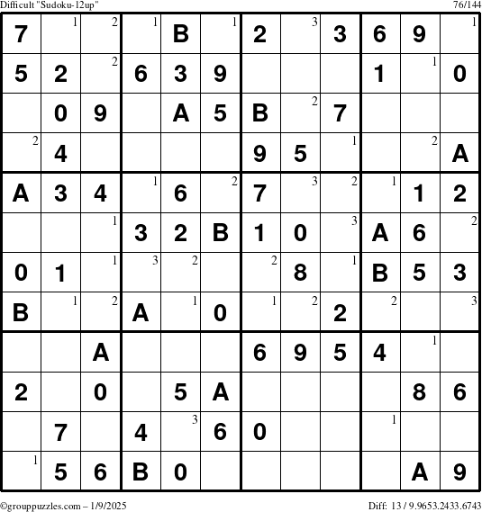 The grouppuzzles.com Difficult Sudoku-12up puzzle for Thursday January 9, 2025 with the first 3 steps marked