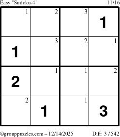 The grouppuzzles.com Easy Sudoku-4 puzzle for Sunday December 14, 2025 with the first 3 steps marked