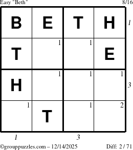 The grouppuzzles.com Easy Beth puzzle for Sunday December 14, 2025, suitable for printing, with all 2 steps marked