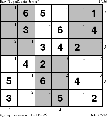 The grouppuzzles.com Easy SuperSudoku-Junior puzzle for Sunday December 14, 2025 with all 3 steps marked