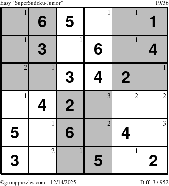 The grouppuzzles.com Easy SuperSudoku-Junior puzzle for Sunday December 14, 2025 with the first 3 steps marked