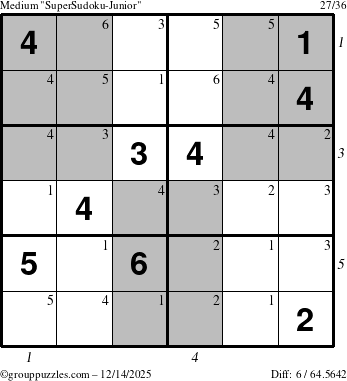 The grouppuzzles.com Medium SuperSudoku-Junior puzzle for Sunday December 14, 2025 with all 6 steps marked
