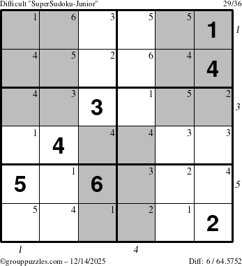 The grouppuzzles.com Difficult SuperSudoku-Junior puzzle for Sunday December 14, 2025, suitable for printing, with all 6 steps marked