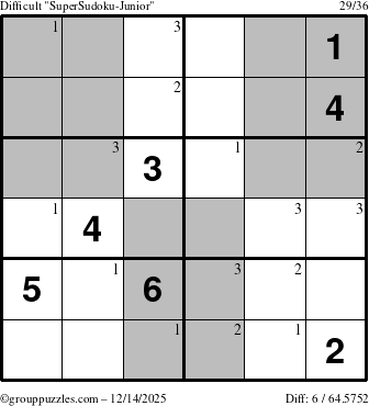 The grouppuzzles.com Difficult SuperSudoku-Junior puzzle for Sunday December 14, 2025 with the first 3 steps marked