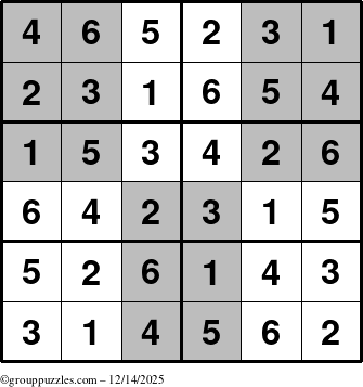 The grouppuzzles.com Answer grid for the SuperSudoku-Junior puzzle for Sunday December 14, 2025
