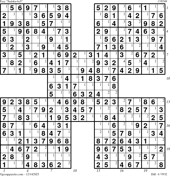 The grouppuzzles.com Easy Sudoku-by5 puzzle for Sunday December 14, 2025 with all 4 steps marked