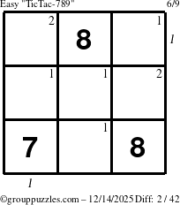 The grouppuzzles.com Easy TicTac-789 puzzle for Sunday December 14, 2025, suitable for printing, with all 2 steps marked