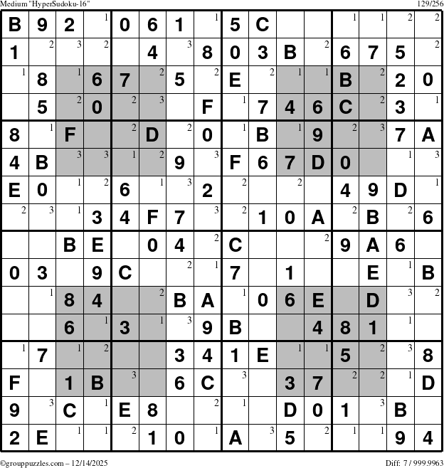 The grouppuzzles.com Medium HyperSudoku-16 puzzle for Sunday December 14, 2025 with the first 3 steps marked