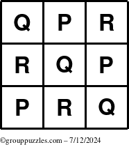 The grouppuzzles.com Answer grid for the TicTac-PQR puzzle for Friday July 12, 2024