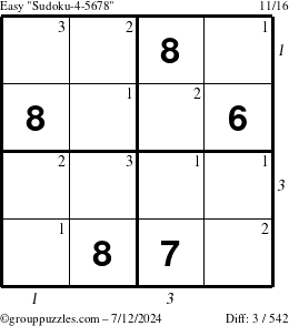 The grouppuzzles.com Easy Sudoku-4-5678 puzzle for Friday July 12, 2024, suitable for printing, with all 3 steps marked