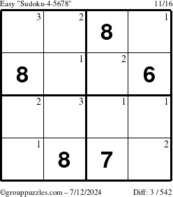 The grouppuzzles.com Easy Sudoku-4-5678 puzzle for Friday July 12, 2024 with the first 3 steps marked