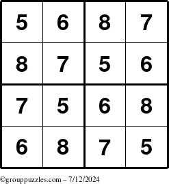 The grouppuzzles.com Answer grid for the Sudoku-4-5678 puzzle for Friday July 12, 2024