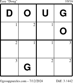 The grouppuzzles.com Easy Doug puzzle for Friday July 12, 2024 with the first 3 steps marked